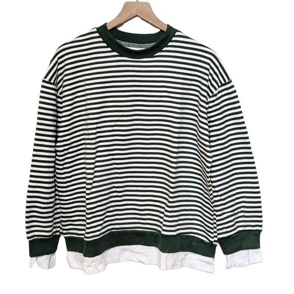Cali Be Womens Striped Oversized Layered Sweatshirt Size L Green White Top NWT - Picture 1 of 4